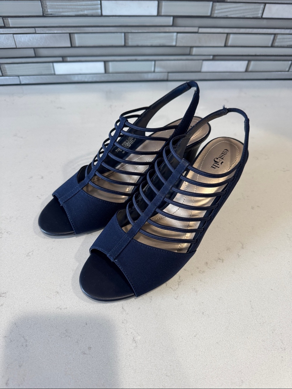 East 5th Navy Strappy Open-Toe Slingback Heels